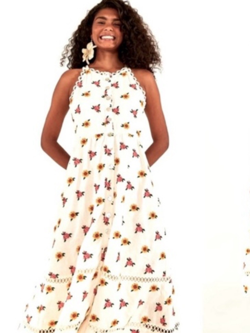 NEW Farm Rio Mixed Cross Stitch Embroidered Flowers Midi Dress Off White‎ Size L